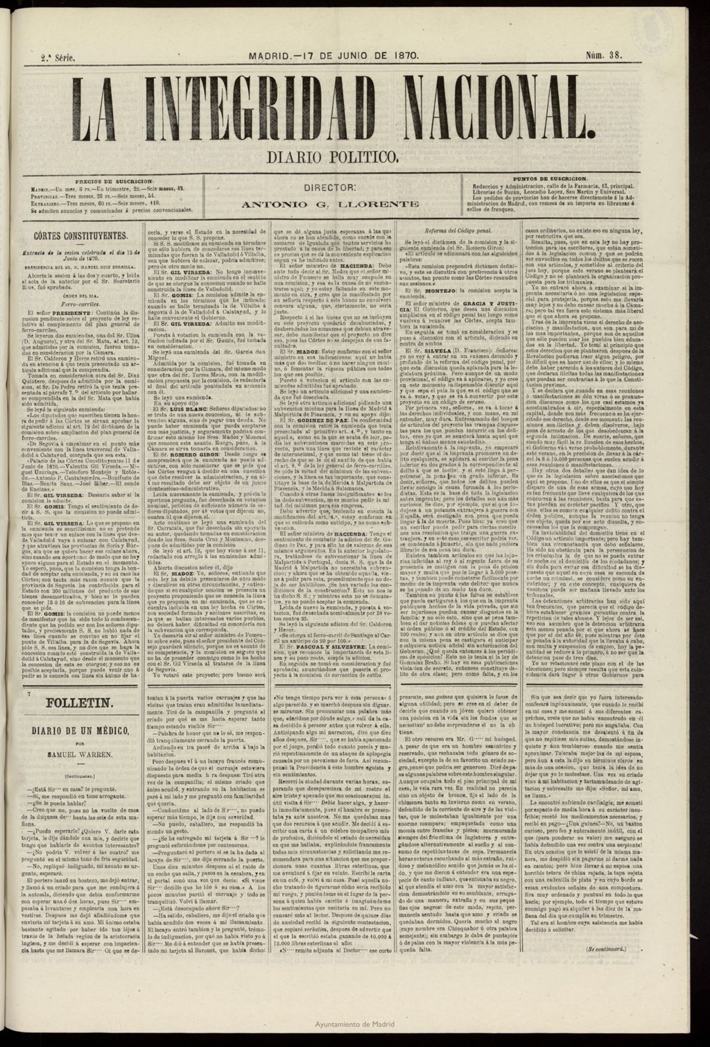 Miniatura de La Integridad Nacional: periódico político del 17 de junio de 1870, nº 38