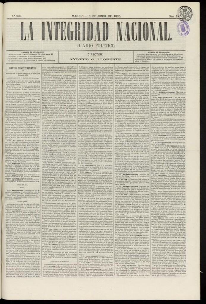 Miniatura de La Integridad Nacional: periódico político del 18 de junio de 1870, nº 39