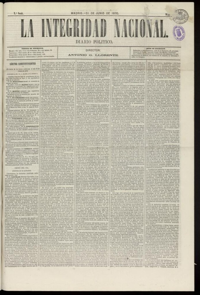 Miniatura de La Integridad Nacional: periódico político del 21 de junio de 1870, nº 41