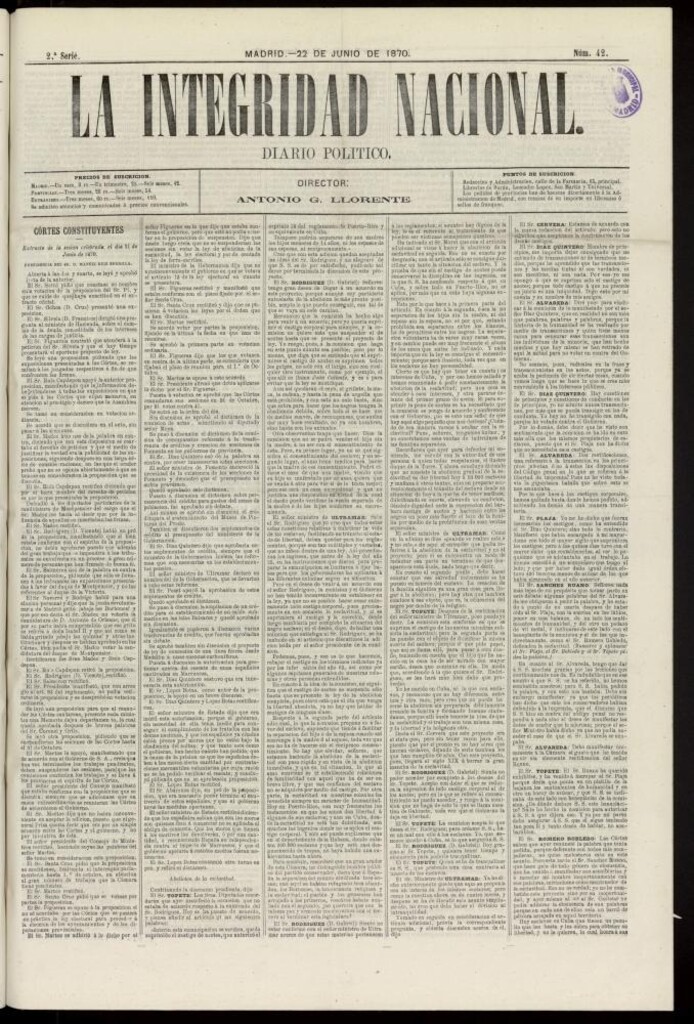 Miniatura de La Integridad Nacional: periódico político del 22 de junio de 1870, nº 42
