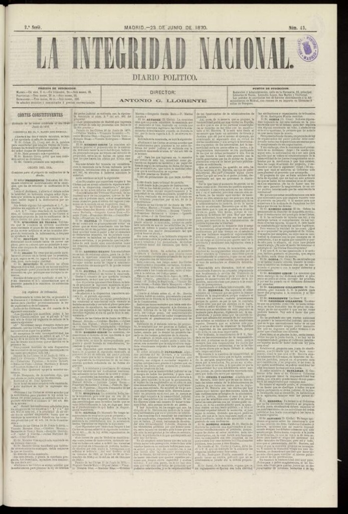 Miniatura de La Integridad Nacional: periódico político del 23 de junio de 1870, nº 43