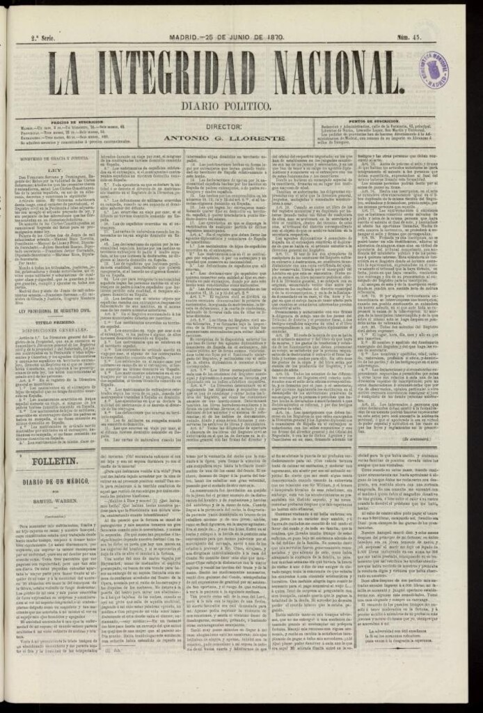 Miniatura de La Integridad Nacional: periódico político del 25 de junio de 1870, nº 45