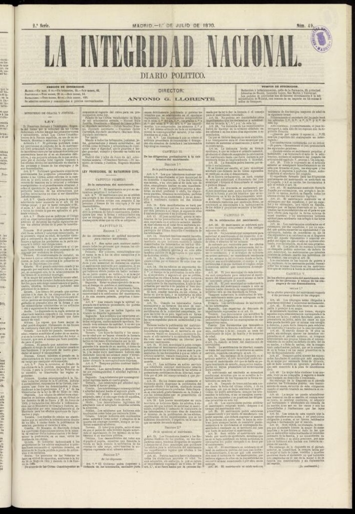 Miniatura de La Integridad Nacional: periódico político del 1 de julio de 1870, nº 49