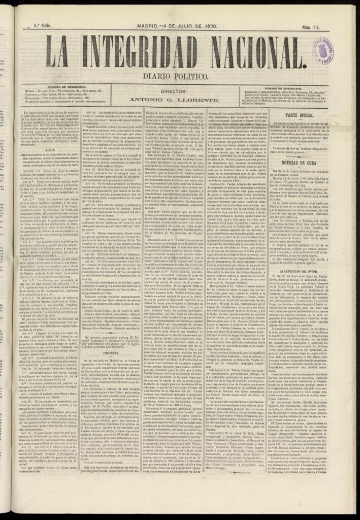 Miniatura de La Integridad Nacional: periódico político del 4 de julio de 1870, nº 51