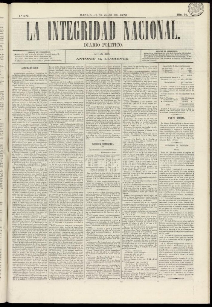 Miniatura de La Integridad Nacional: periódico político del 5 de julio de 1870, nº 52