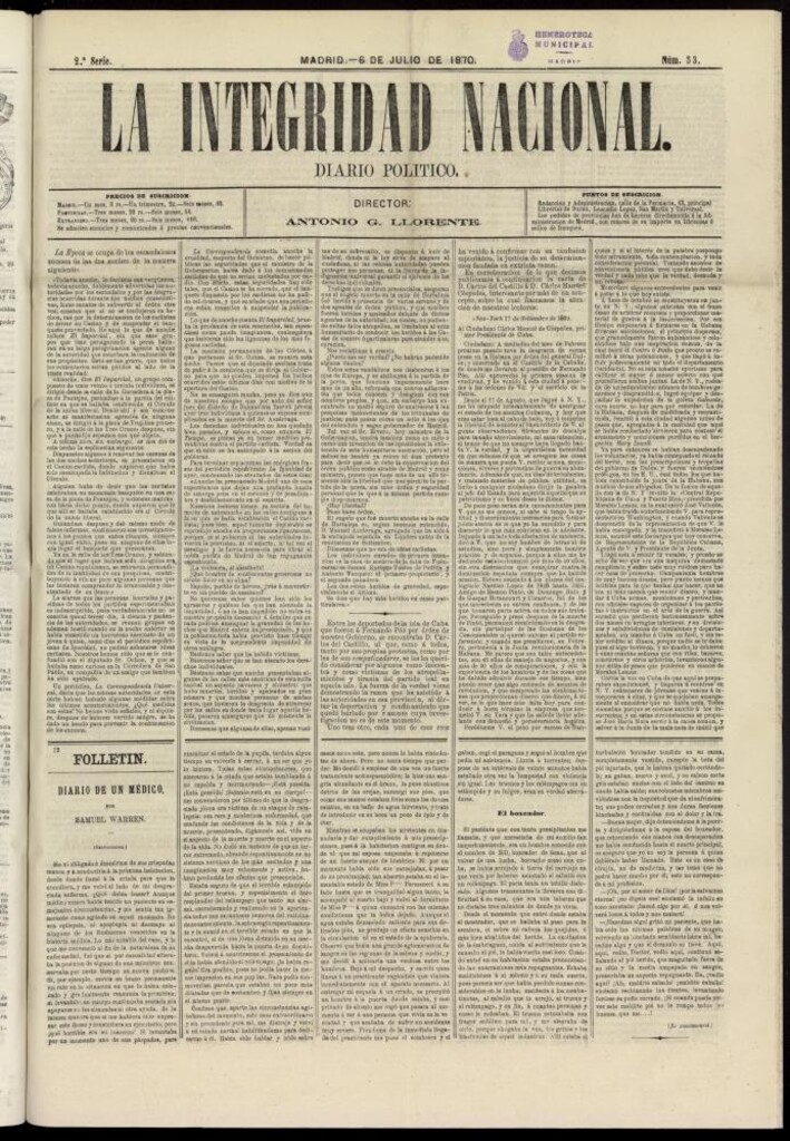 Miniatura de La Integridad Nacional: periódico político del 6 de julio de 1870, nº 53