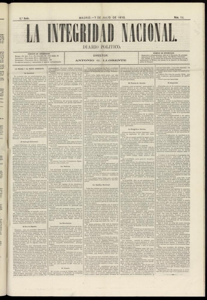 Miniatura de La Integridad Nacional: periódico político del 7 de julio de 1870, nº 54