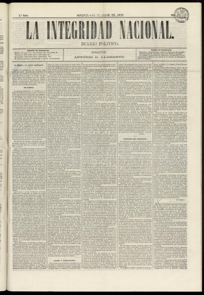 Miniatura de La Integridad Nacional: periódico político del 11 de julio de 1870, nº 57