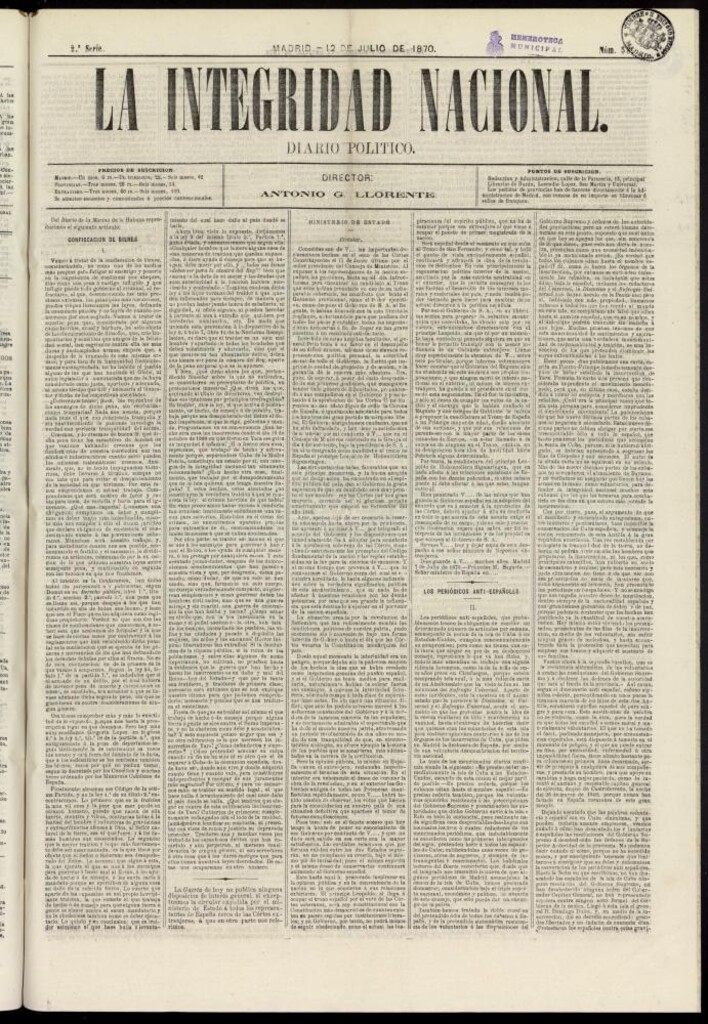 Miniatura de La Integridad Nacional: periódico político del 12 de julio de 1870, nº 58