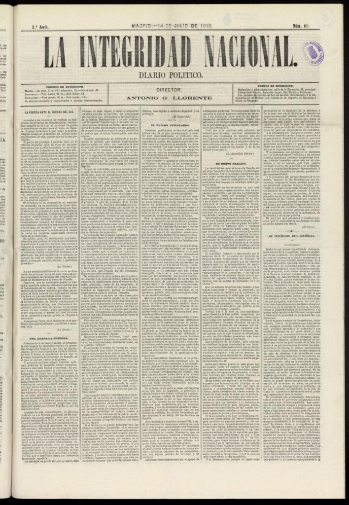Miniatura de La Integridad Nacional: periódico político del 14 de julio de 1870, nº 60