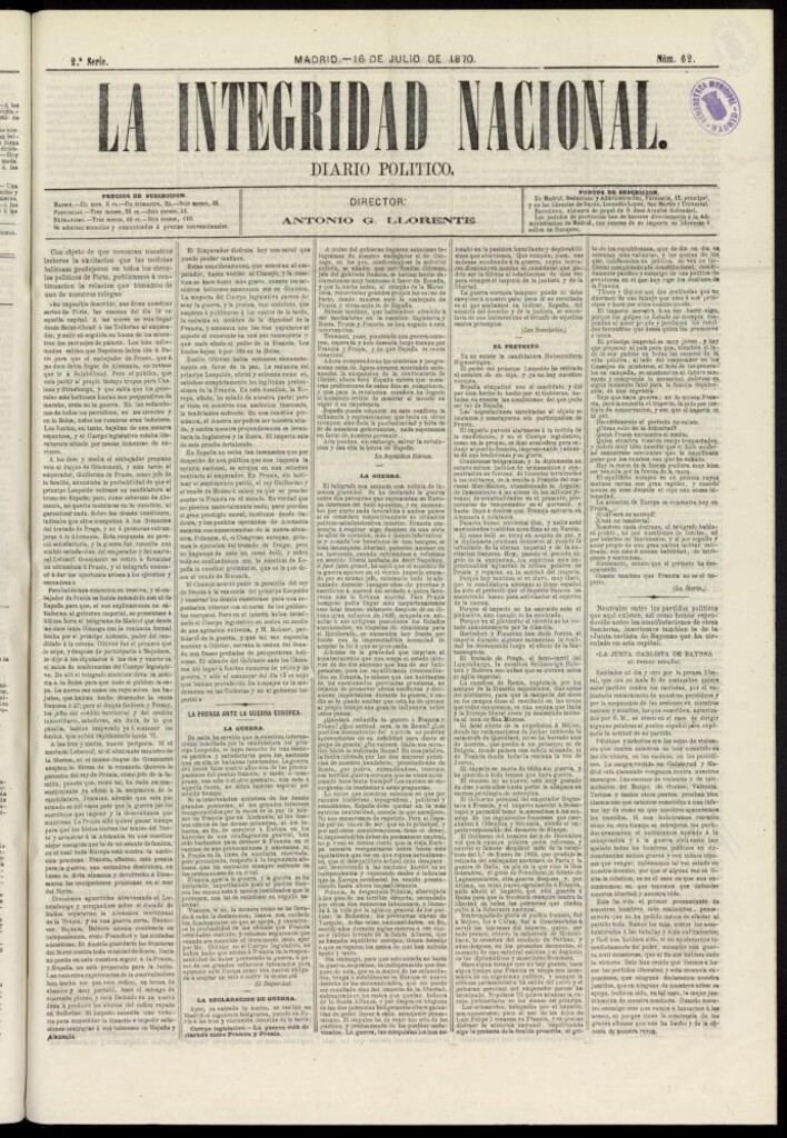 Miniatura de La Integridad Nacional: periódico político del 16 de julio de 1870, nº 62