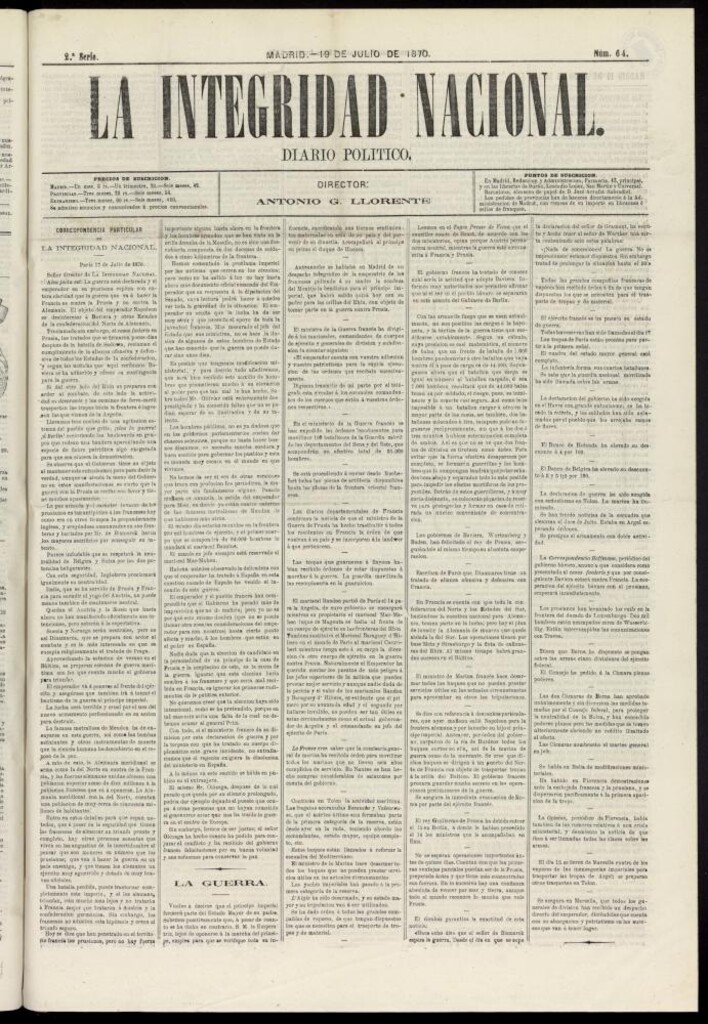 Miniatura de La Integridad Nacional: periódico político del 19 de julio de 1870, nº 64