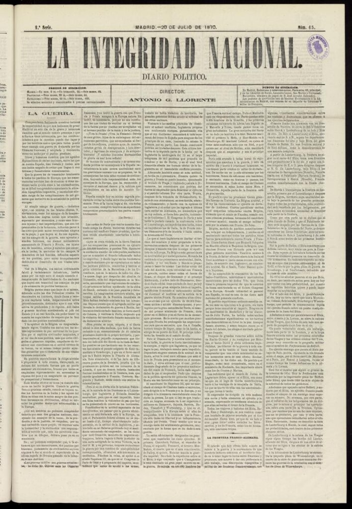 Miniatura de La Integridad Nacional: periódico político del 20 de julio de 1870, nº 65