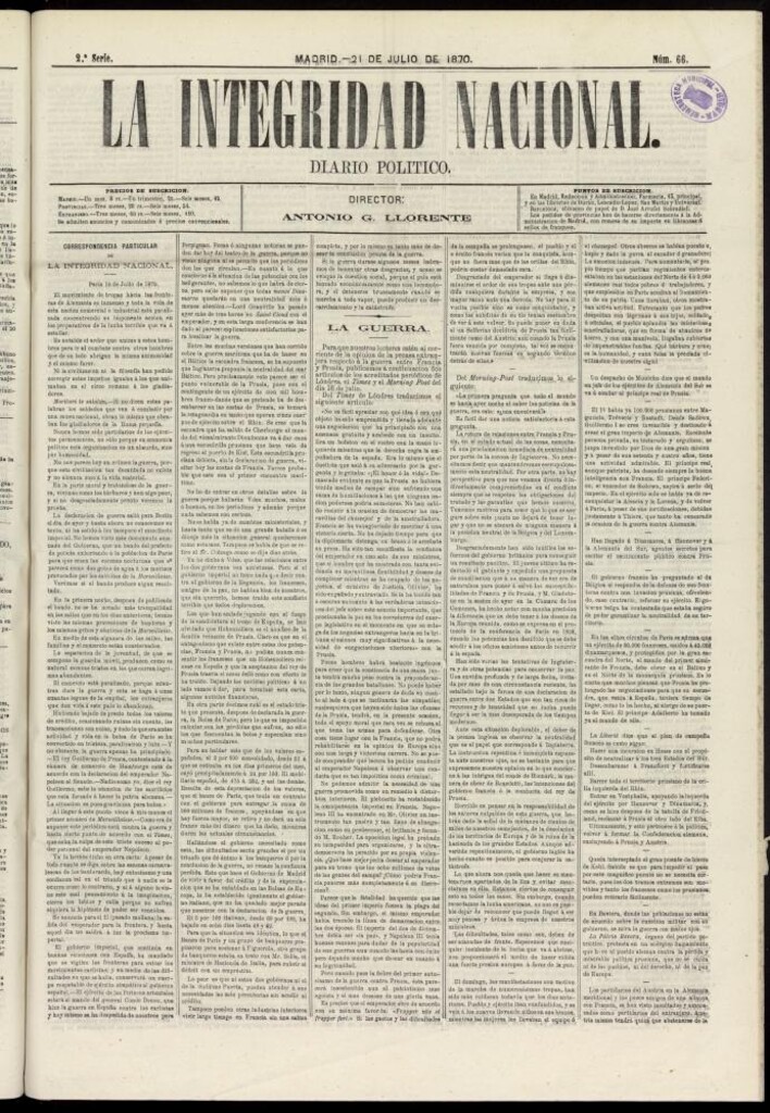 Miniatura de La Integridad Nacional: periódico político del 21 de julio de 1870, nº 66
