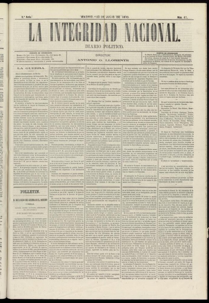 Miniatura de La Integridad Nacional: periódico político del 22 de julio de 1870, nº 67