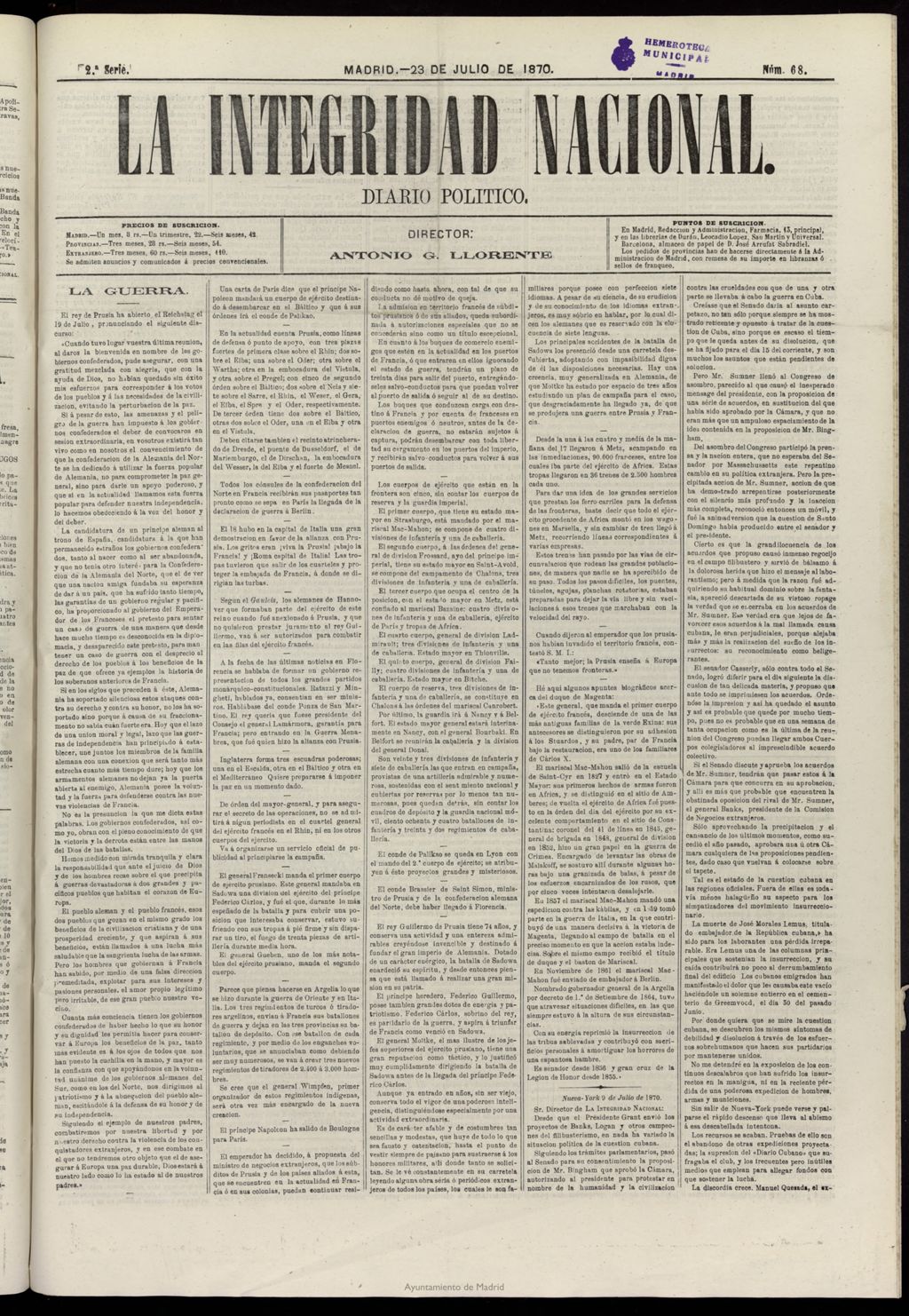 Miniatura de La Integridad Nacional: periódico político del 23 de julio de 1870, nº 68