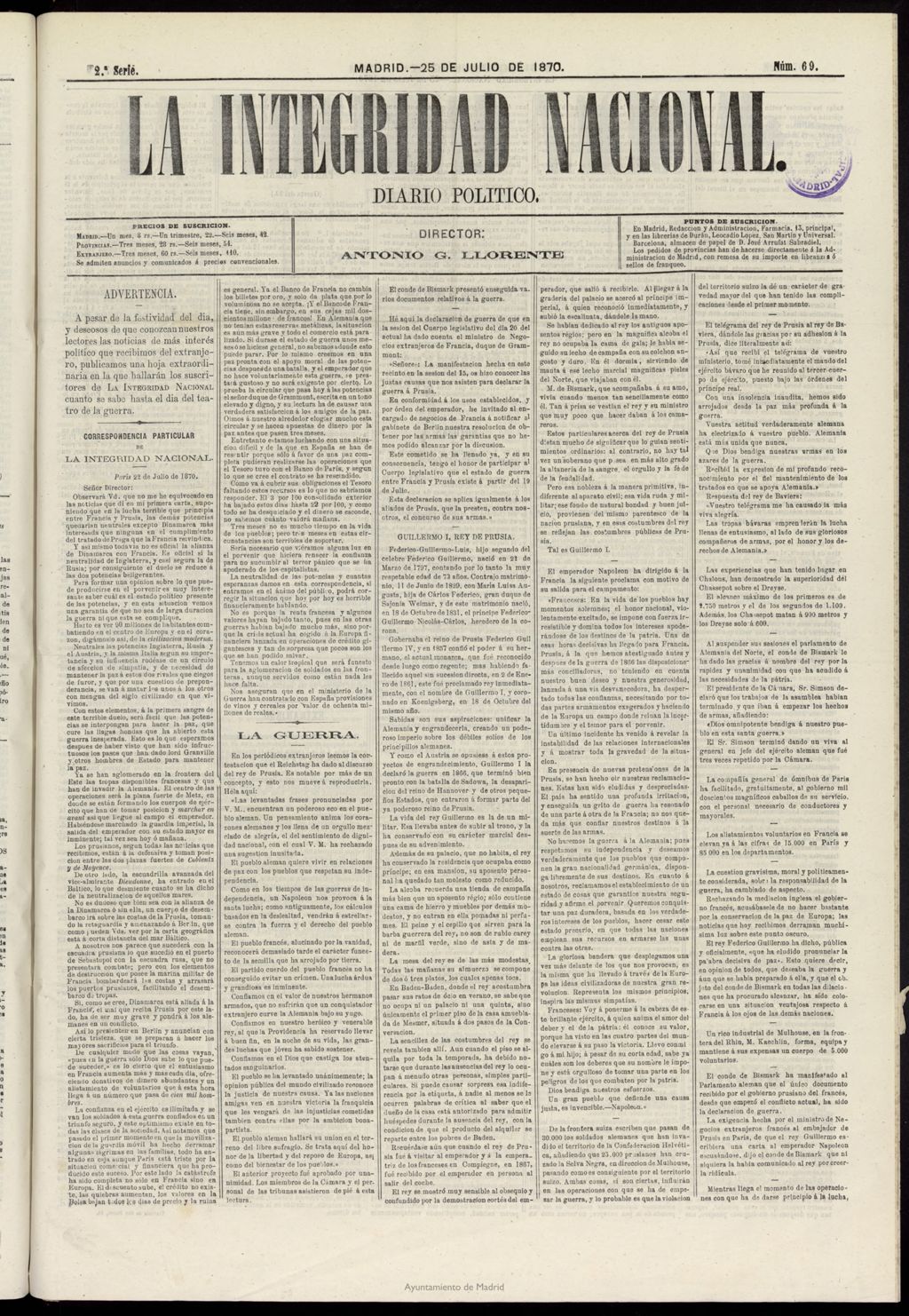 Miniatura de La Integridad Nacional: periódico político del 25 de julio de 1870, nº 69