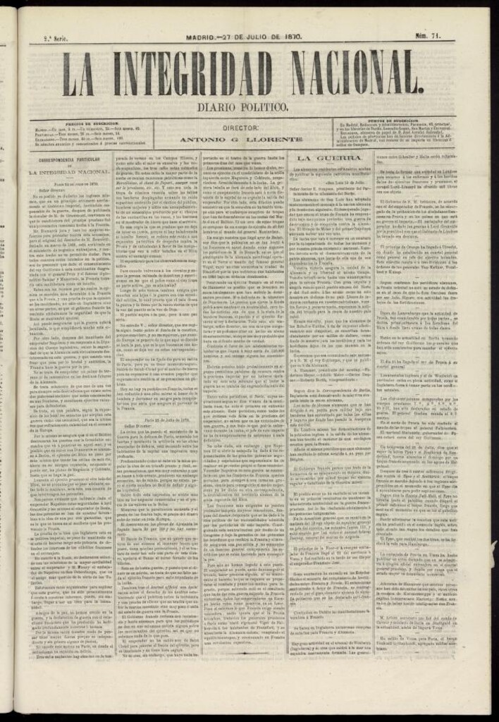 Miniatura de La Integridad Nacional: periódico político del 27 de julio de 1870, nº 71