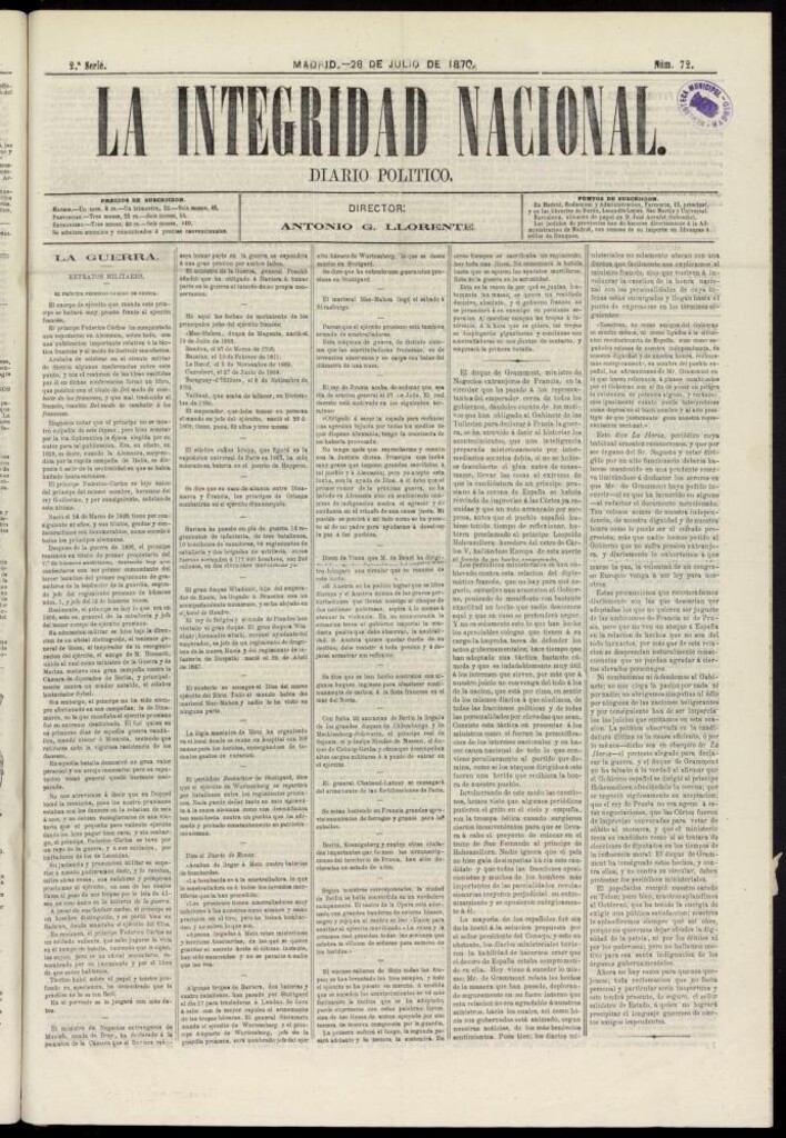 Miniatura de La Integridad Nacional: periódico político del 28 de julio de 1870, nº 72