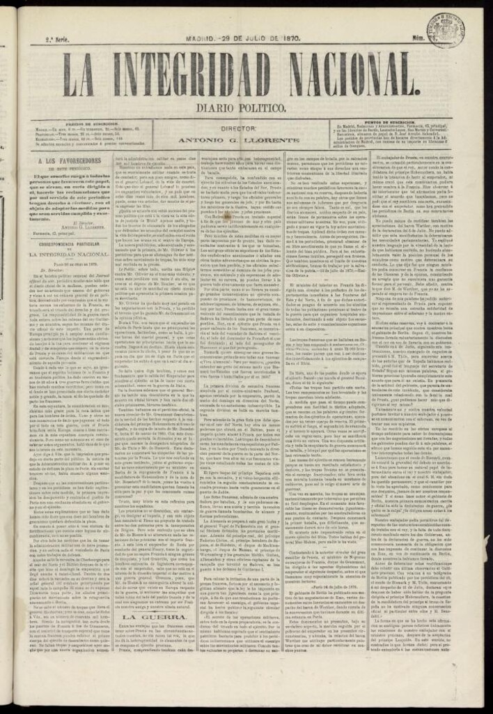 Miniatura de La Integridad Nacional: periódico político del 29 de julio de 1870, nº 73