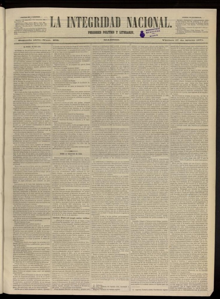 Miniatura de La Integridad Nacional: periódico político del 17 de marzo de 1871, nº 265