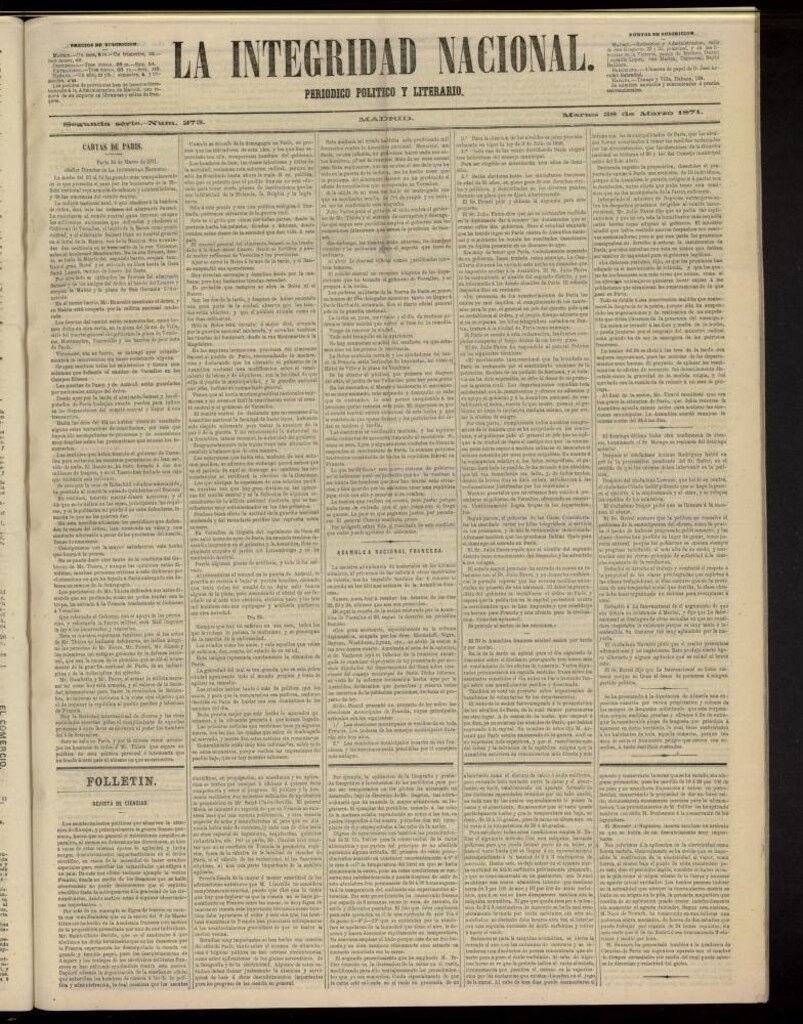 Miniatura de La Integridad Nacional: periódico político del 28 de marzo de 1871, nº 273