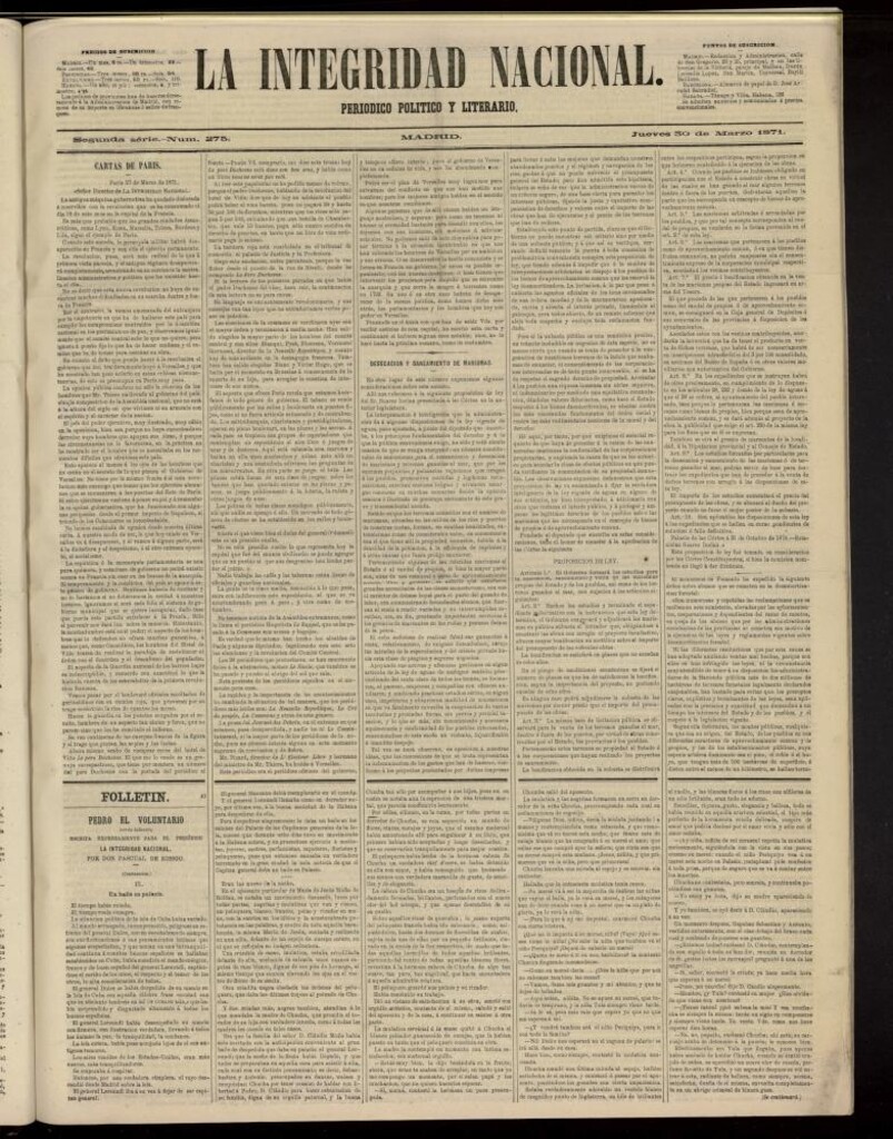Miniatura de La Integridad Nacional: periódico político del 30 de marzo de 1871, nº 275