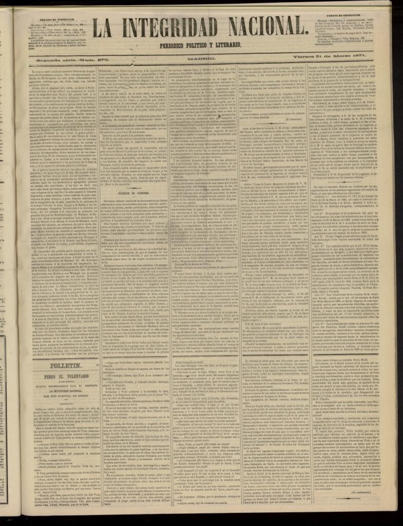 Miniatura de La Integridad Nacional: periódico político del 31 de marzo de 1871, nº 276