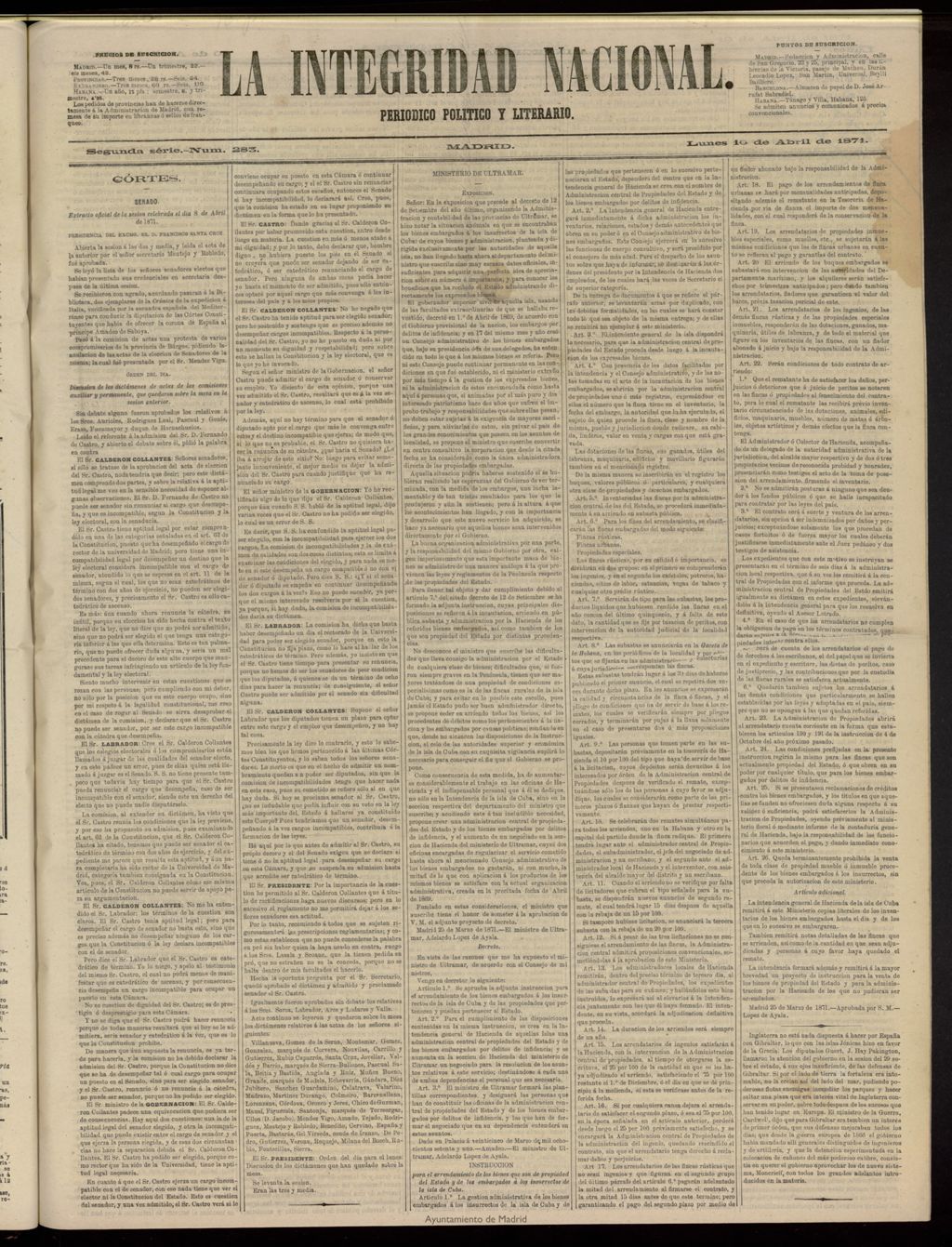 Miniatura de La Integridad Nacional: periódico político del 10 de abril de 1871, nº 283