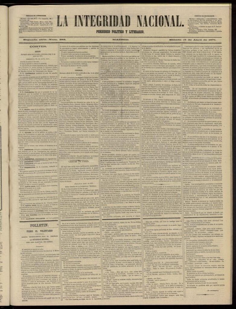 Miniatura de La Integridad Nacional: periódico político del 15 de abril de 1871, nº 288