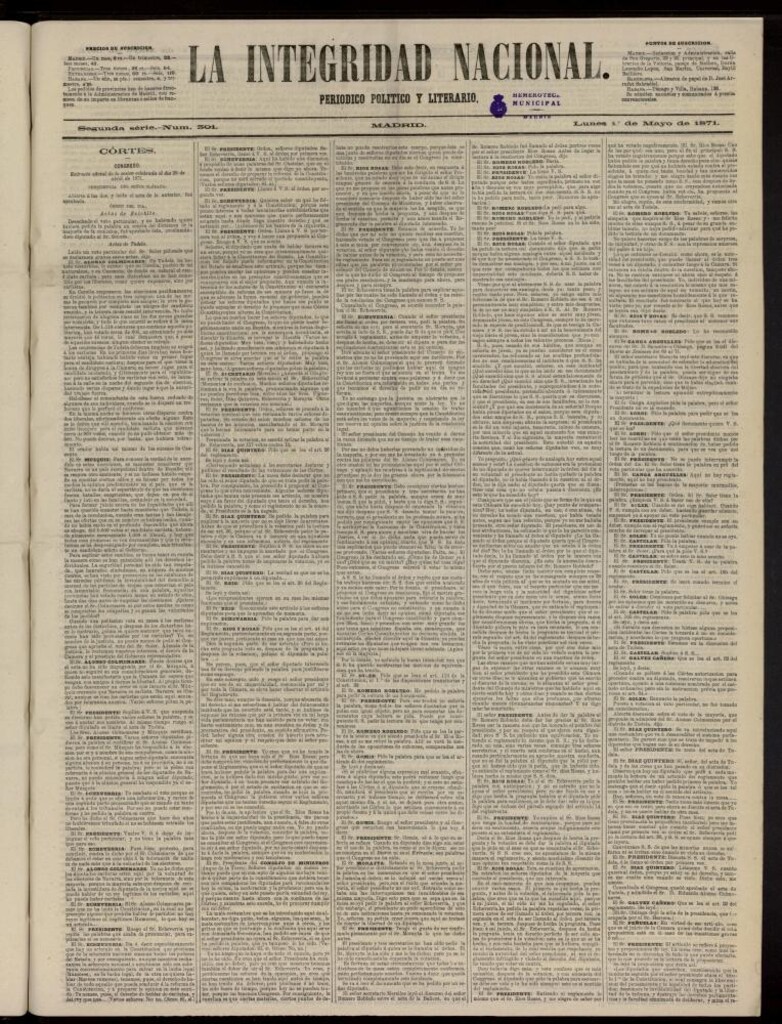 Miniatura de La Integridad Nacional: periódico político del 1 de mayo de 1871, nº 301