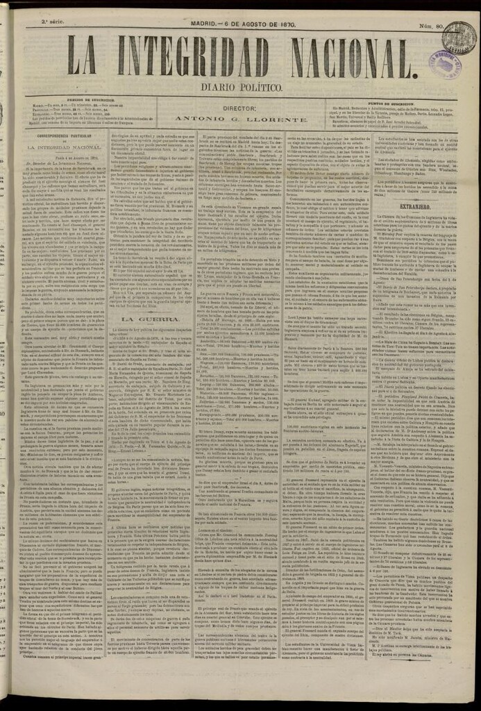 Miniatura de La Integridad Nacional: periódico político del 6 de agosto de 1870, nº 80