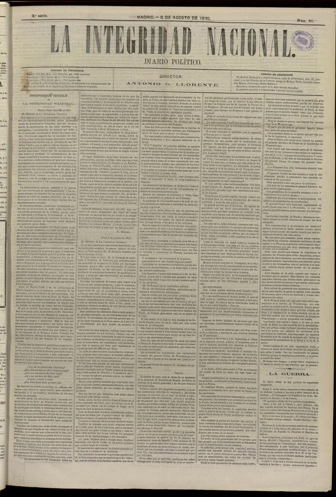Miniatura de La Integridad Nacional: periódico político del 8 de agosto de 1870, nº 81