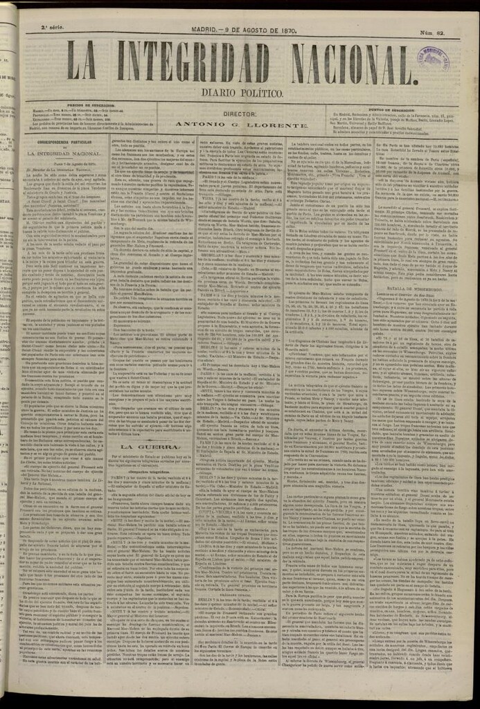 Miniatura de La Integridad Nacional: periódico político del 9 de agosto de 1870, nº 82