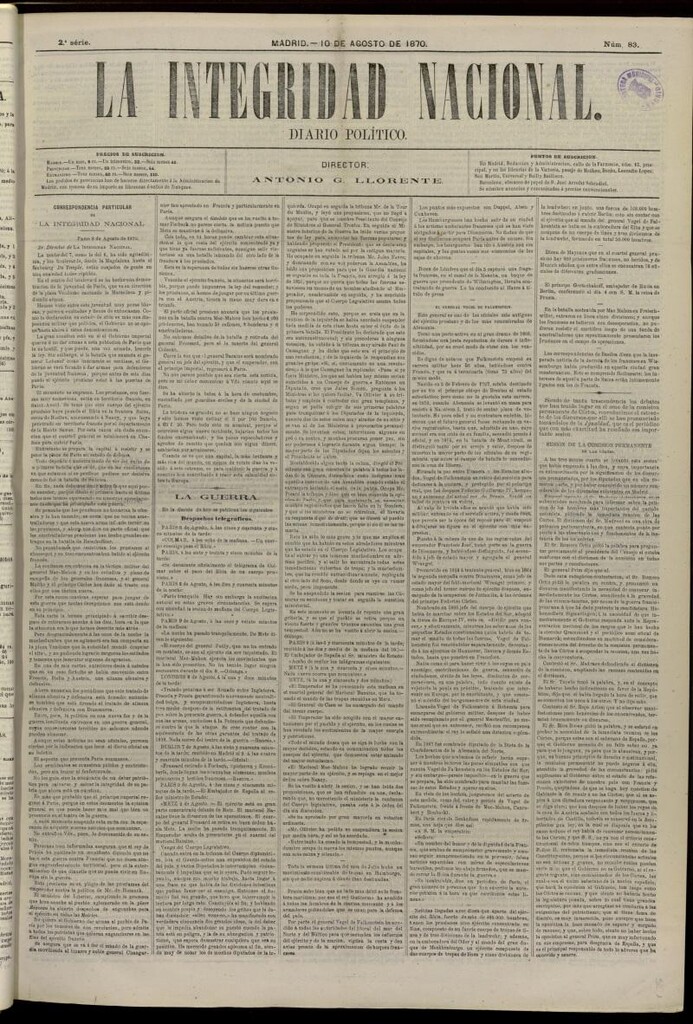 Miniatura de La Integridad Nacional: periódico político del 10 de agosto de 1870, nº 83