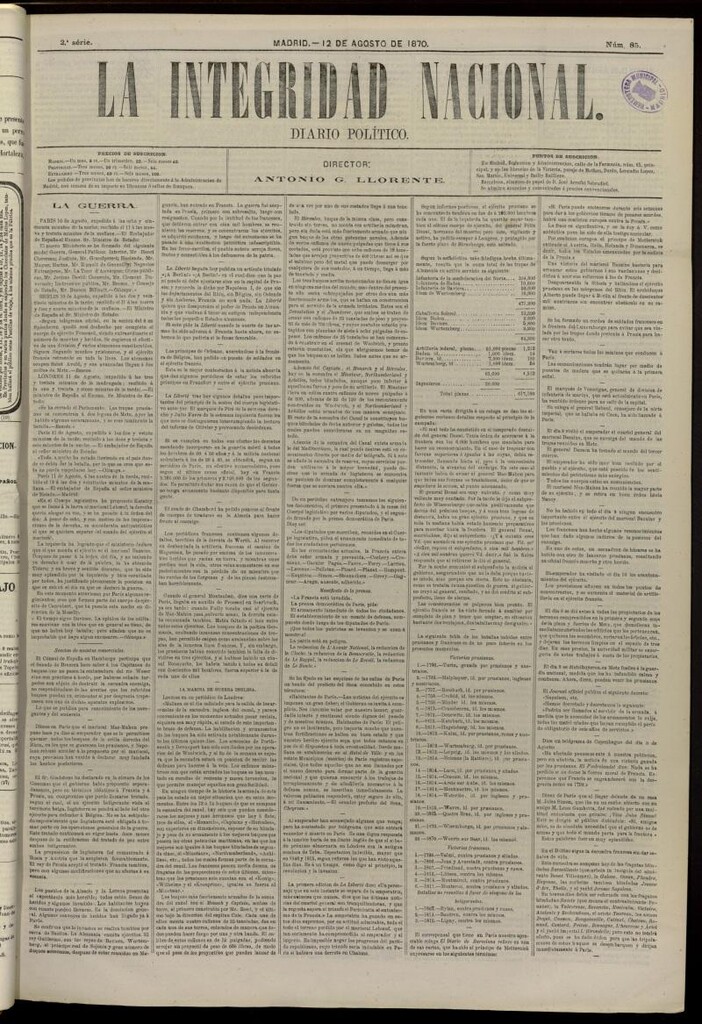 Miniatura de La Integridad Nacional: periódico político del 12 de agosto de 1870, nº 85
