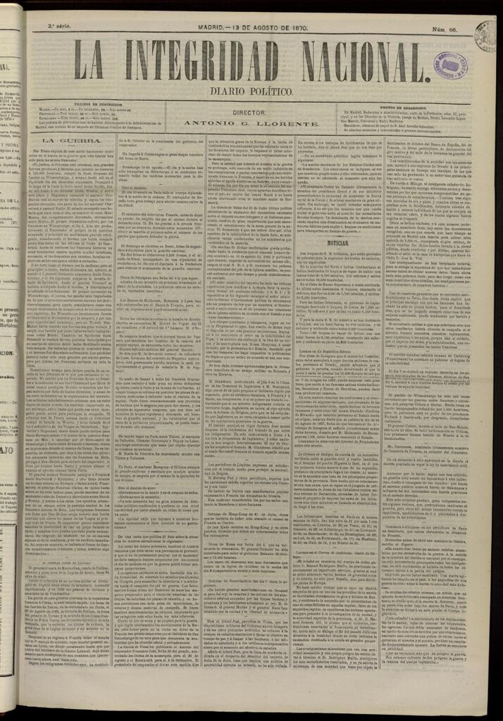 Miniatura de La Integridad Nacional: periódico político del 13 de agosto de 1870, nº 86
