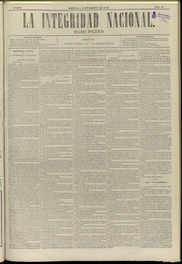 Miniatura de La Integridad Nacional: periódico político del 15 de agosto de 1870, nº 87