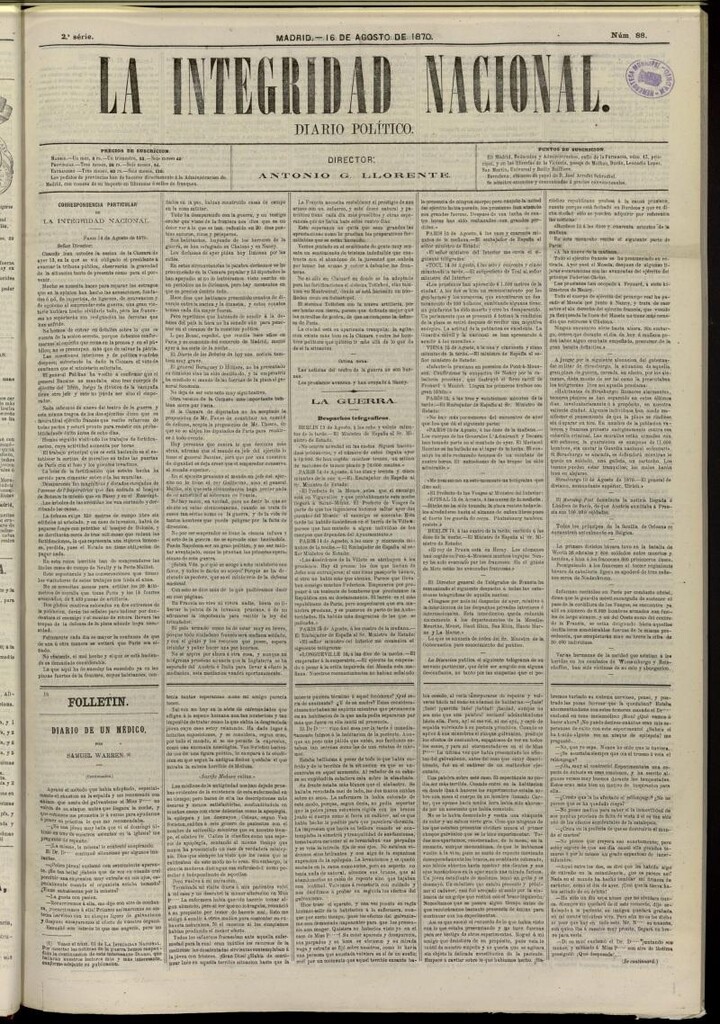 Miniatura de La Integridad Nacional: periódico político del 16 de agosto de 1870, nº 88