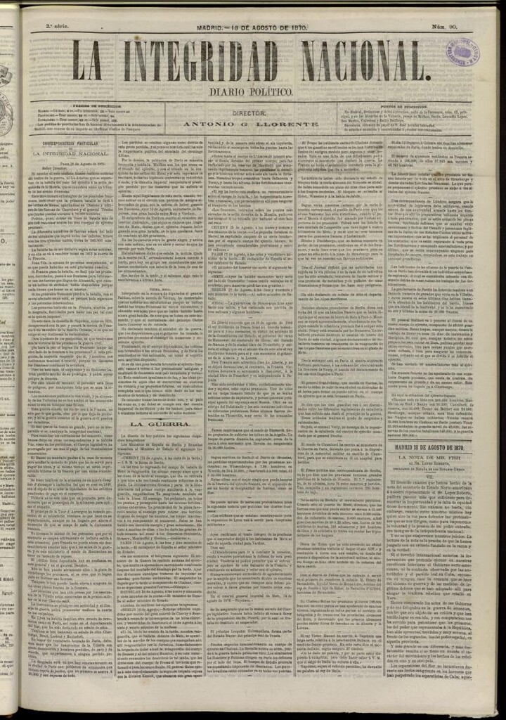 Miniatura de La Integridad Nacional: periódico político del 18 de agosto de 1870, nº 90