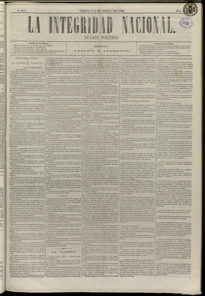 Miniatura de La Integridad Nacional: periódico político del 19 de agosto de 1870, nº 91