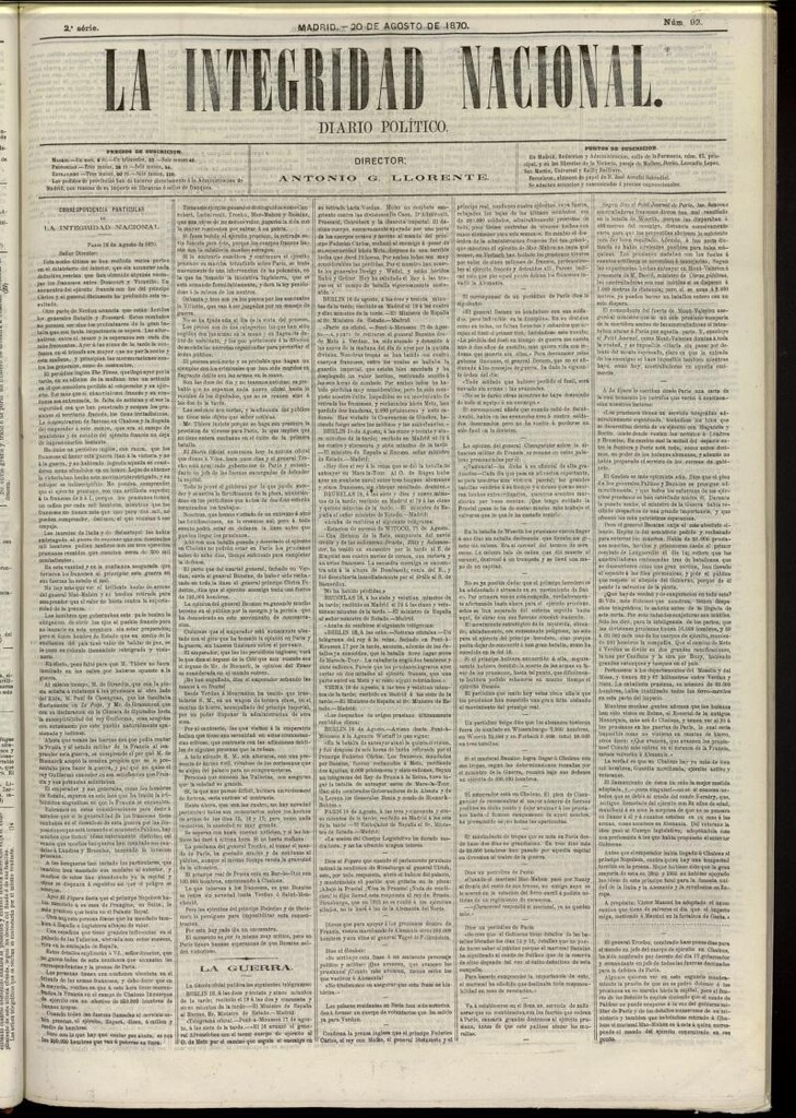 Miniatura de La Integridad Nacional: periódico político del 20 de agosto de 1870, nº 92