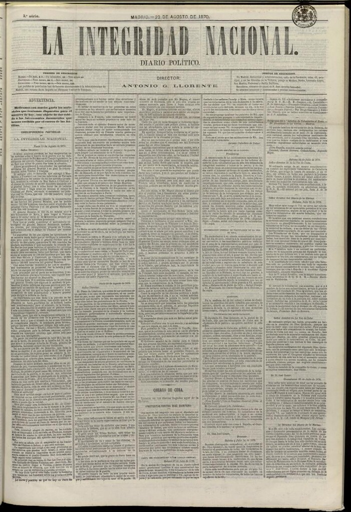 Miniatura de La Integridad Nacional: periódico político del 22 de agosto de 1870, nº 93