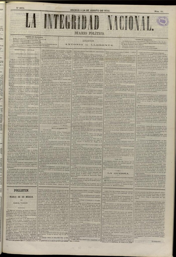 Miniatura de La Integridad Nacional: periódico político del 24 de agosto de 1870, nº 95