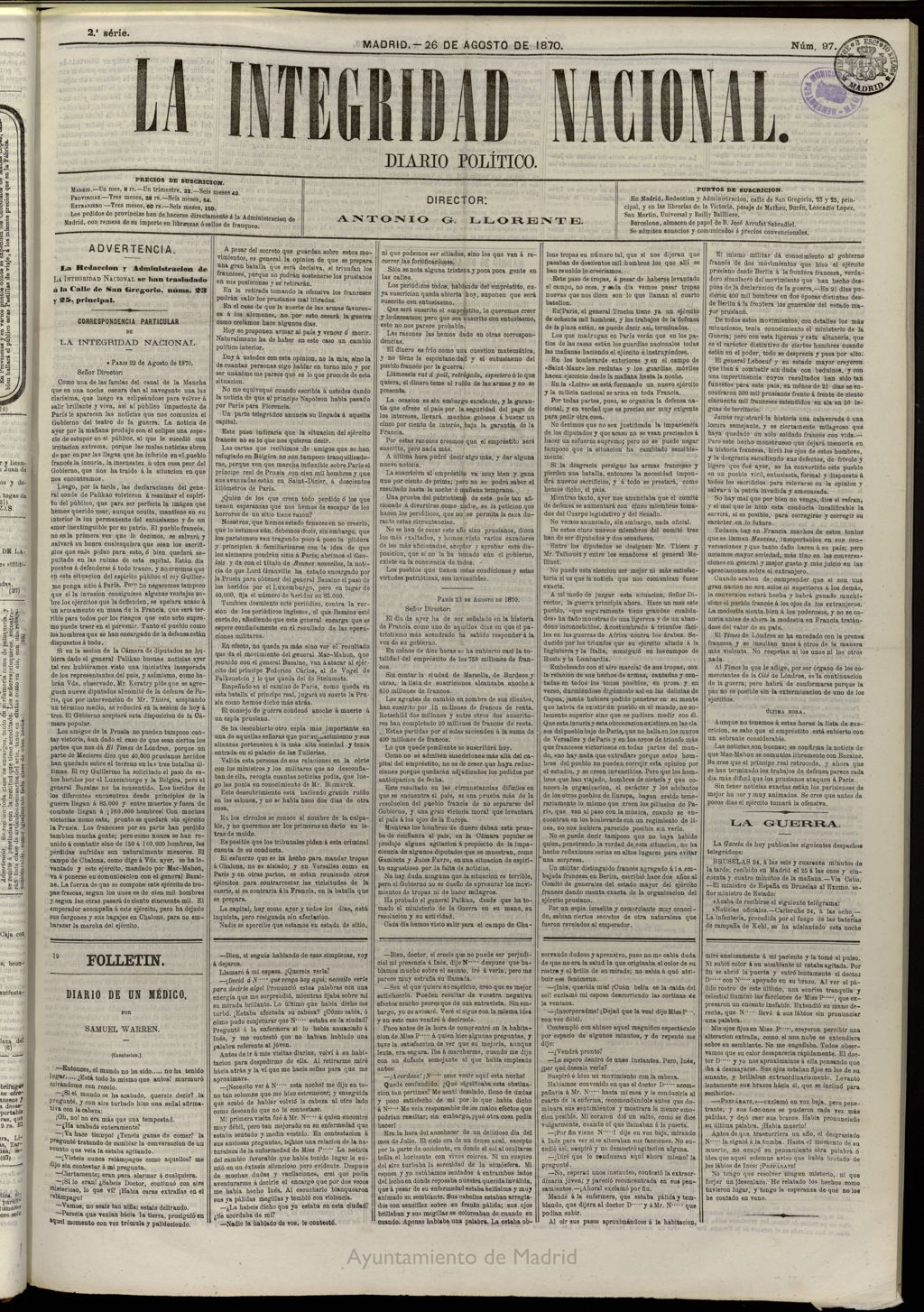 Miniatura de La Integridad Nacional: periódico político del 26 de agosto de 1870, nº 97