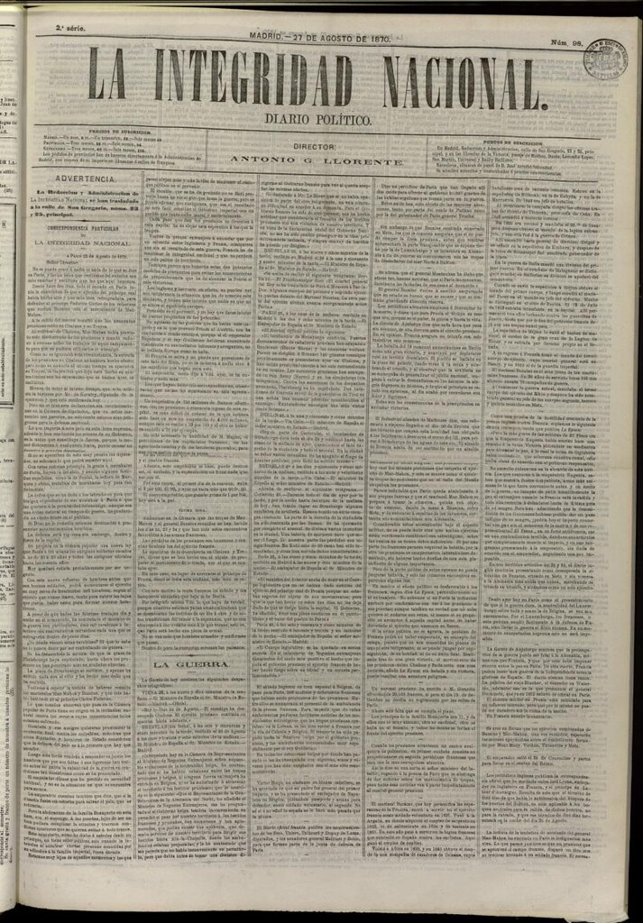 Miniatura de La Integridad Nacional: periódico político del 27 de agosto de 1870, nº 98