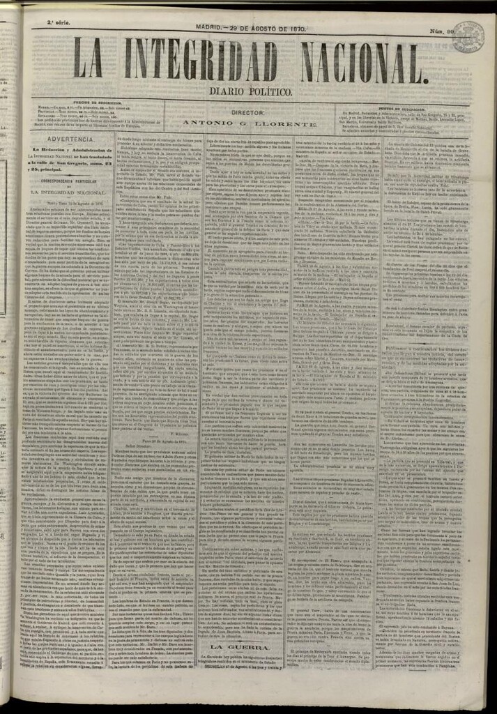 Miniatura de La Integridad Nacional: periódico político del 29 de agosto de 1870, nº 99