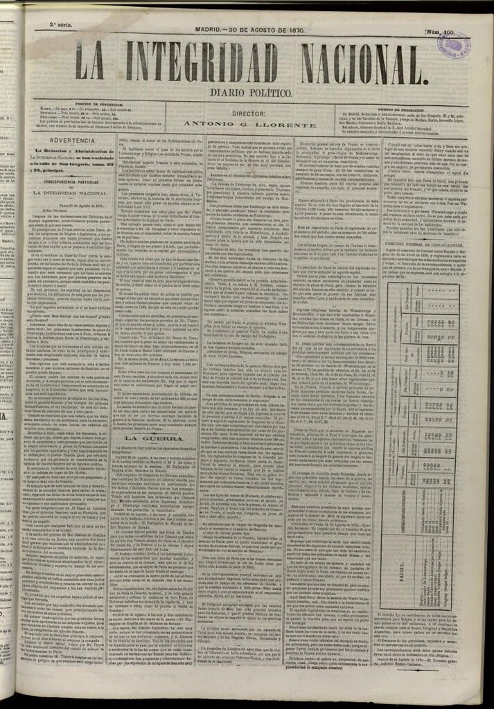 Miniatura de La Integridad Nacional: periódico político del 30 de agosto de 1870, nº 100