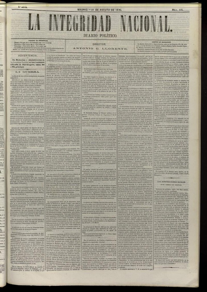 Miniatura de La Integridad Nacional: periódico político del 31 de agosto de 1870, nº 101