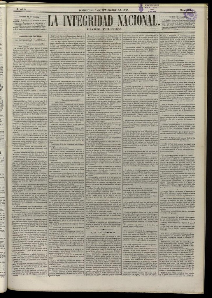 Miniatura de La Integridad Nacional: periódico político del 1 de septiembre de 1870, nº 102